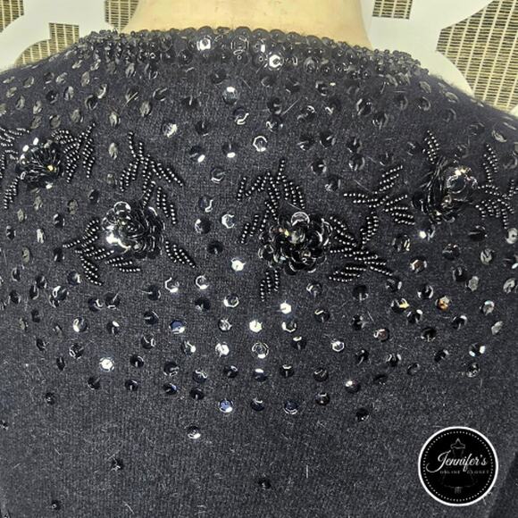 Cécile Bermuda Vintage Black Lambswool Angora Sequin Beaded Cardigan Size 12 - Picture 10 of 16